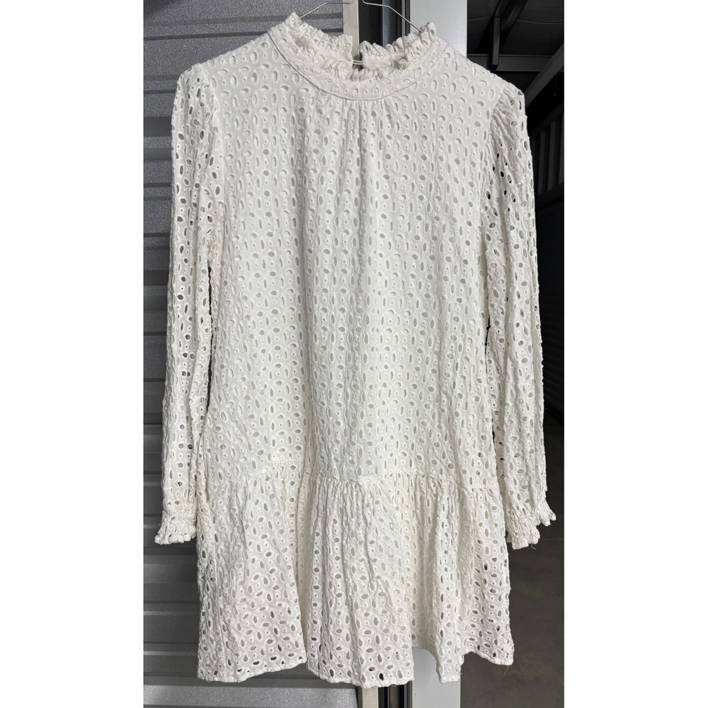 JODIFL White Eyelet Lace Mini Dress Long Sleeve Ruffle Neck G12252 L